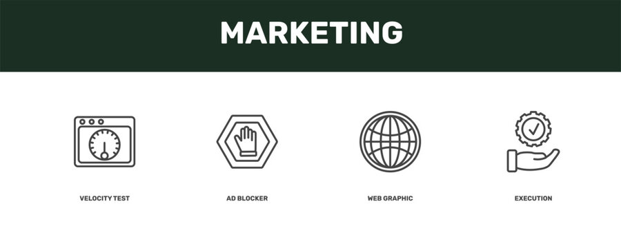 marketing icon set with velocity test, ad blocker, web graphic, execution signs in flat outline style