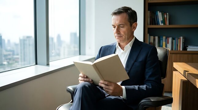 Mature businessman reading book in sunny modern office interior.