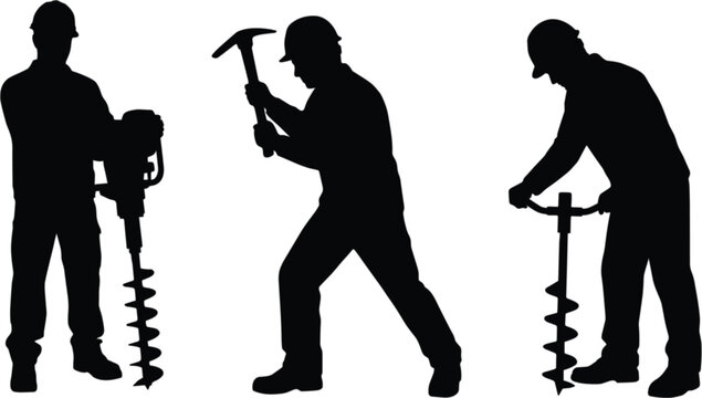Construction worker silhouettes, manual earth auger drilling equipment operator vector illustration set for excavation projects isolated collection