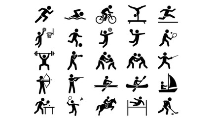Fototapeta premium Black stick figure icons representing diverse sports activities arranged in a grid on white background