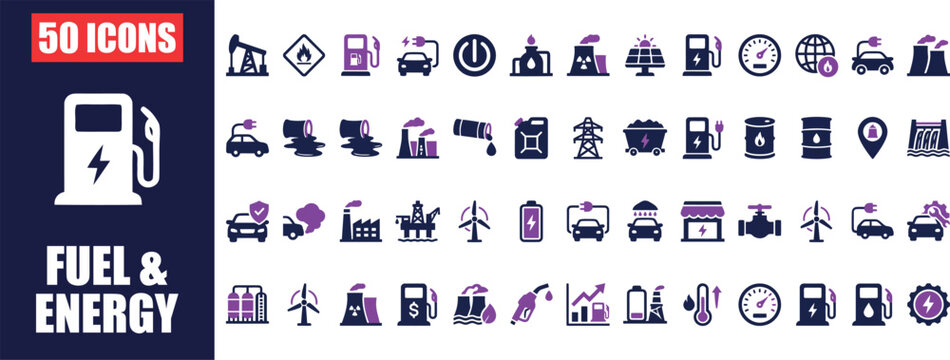 A comprehensive set of 50 flat design icons illustrating various aspects of fuel and energy, encompassing traditional fossil fuels, renewable sources, transportation, and industrial infrastructure.