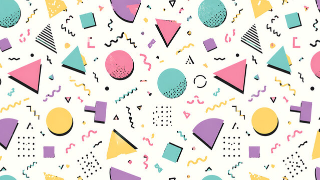 Abstract Retro Memphis Style Pattern Featuring Colorful Geometric Shapes and Doodles for Vibrant Graphic Design Backgrounds