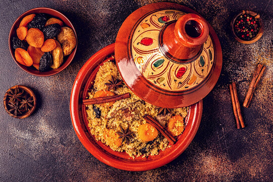 Traditional moroccan tajine of chicken with dried fruits and spices.