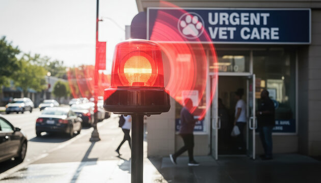 Red emergency light flashing near urgent vet care clinic entrance  