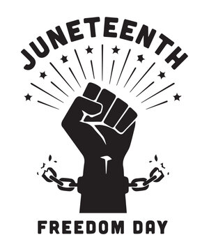 Juneteenth celebration graphic with a raised fist and broken chains symbolizing freedom