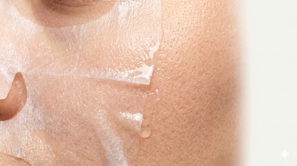 Fototapeta premium Close-up of collagen face sheet mask applied on female cheek skin texture
