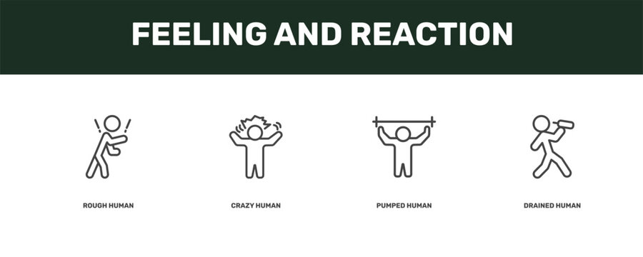 feeling and reaction icon set with rough human, crazy human, pumped human, drained signs in flat outline style