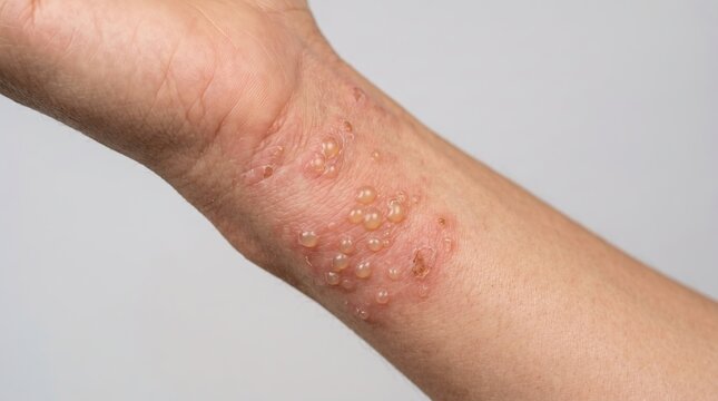Cluster of clear fluid filled fluid blisters on human wrist from allergy
