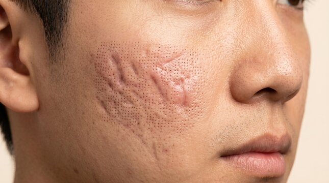 Grid pattern of fractional co2 laser dots on young man cheek scar