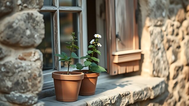 A single flowering plant in a clay pot on a weathered stone windowsill, soft afternoon light.