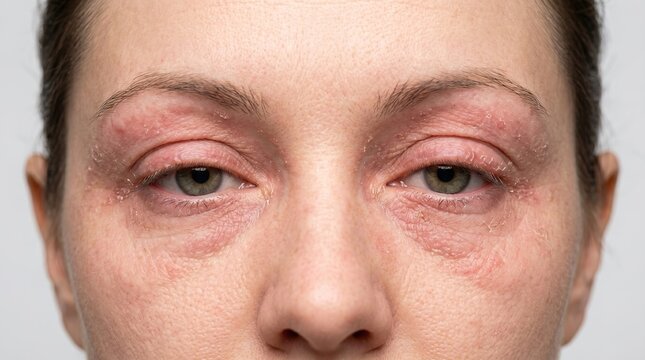 Close-up of woman face with swollen red eyelids and eczema rash