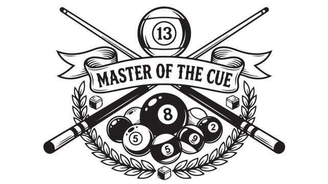 Vintage Billiards Emblem with Crossed Cues and Pool Balls, Master of the Cue Retro Sports Logo, Black and White Snooker Vector Illustration