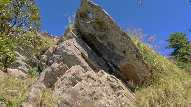 Low Angle View Of Rugged Overhanging Rock Formation At Chauli Ki Jali Mukteshwar