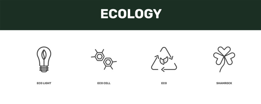 ecology icon set with eco light, eco cell, eco, shamrock signs in flat outline style