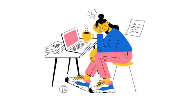 Stressed Office Woman Sitting at Desk with Laptop, Tired Work Loop Animation
