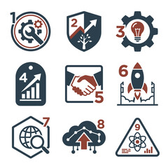 Fototapeta premium Nine business and technology icons numbered from one to nine