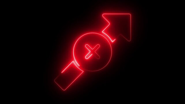 Neon red glowing arrow with cross symbol animation on black background