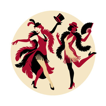 Retro illustration of two cabaret dancers performing on stage