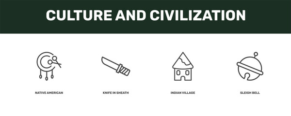 culture and civilization icon set with native american drum, knife in sheath, indian village, sleigh bell signs in flat outline style © Abstract