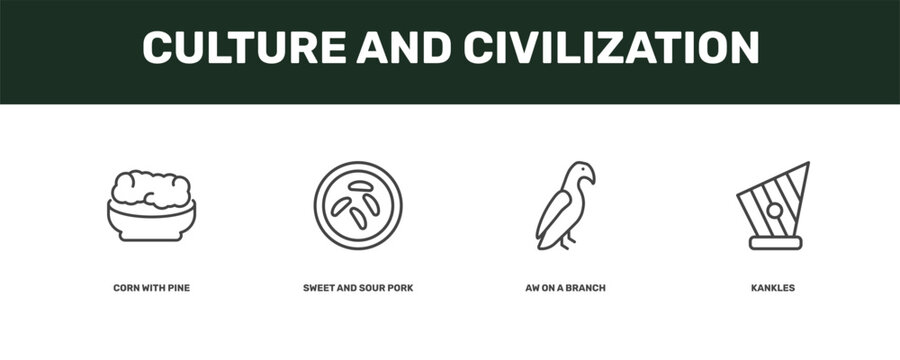 culture and civilization icon set with corn with pine, sweet and sour pork, aw on a branch, kankles signs in flat outline style