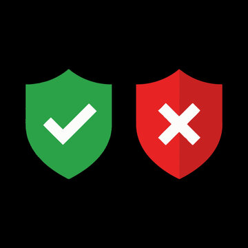 Green check and red cross shield icons on black background