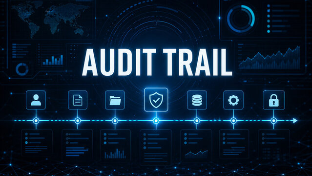Futuristic audit trail concept with glowing dashboard panels, security icons, data charts, and connected workflow timeline on dark blue technology background.