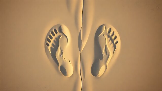 Top-down view of interlocking footprints etched in sand forming a dynamic pattern.