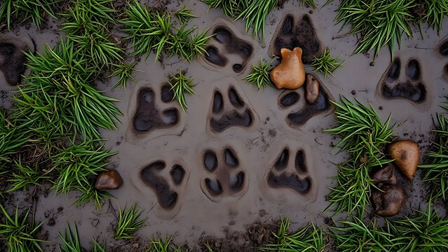 Animal hoofprints in rain-soaked muddy grass, top-down view under overcast sky.