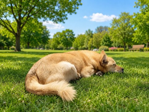 Sleeping Jindo Mix Dog on Green Lawn