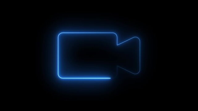 Neon blue glowing camera animation on black background, light