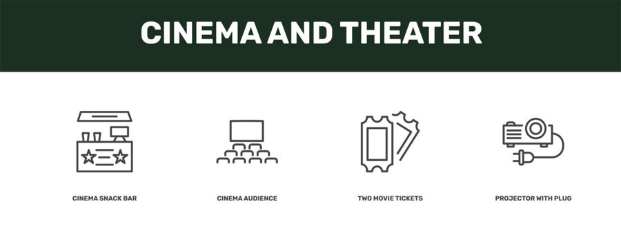 cinema and theater icon set with cinema snack bar, cinema audience, two movie tickets, projector with plug signs in flat outline style