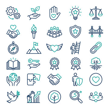 Collection of business ethics and social responsibility line icons