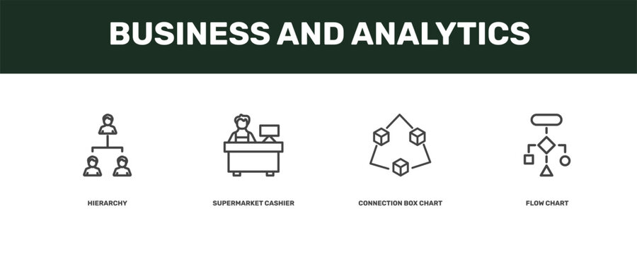 business and analytics icon set with hierarchy, supermarket cashier, connection box chart, flow chart signs in flat outline style