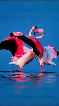 Two Pink Flamingos Displaying Courtship in Shallow Water
