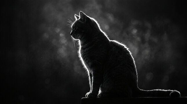 Eclipsed cat silhouette in dramatic black and white rim lighting
