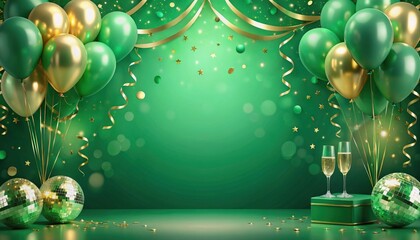 Fototapeta premium A vibrant green and gold background for a luxurious birthday celebration or a successful occasion, featuring balloons, disco balls, confetti, and champagne glasses, with copy space for text.