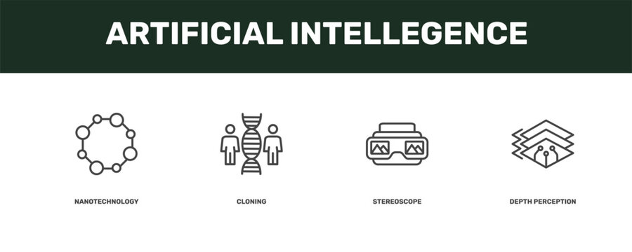 artificial intellegence icon set with nanotechnology, cloning, stereoscope, depth perception signs in flat outline style