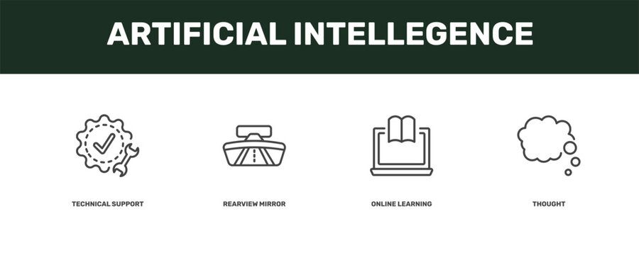 artificial intellegence icon set with technical support, rearview mirror, online learning, thought signs in flat outline style