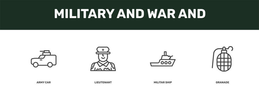 military and war and icon set with army car, lieutenant, militar ship, granade signs in flat outline style
