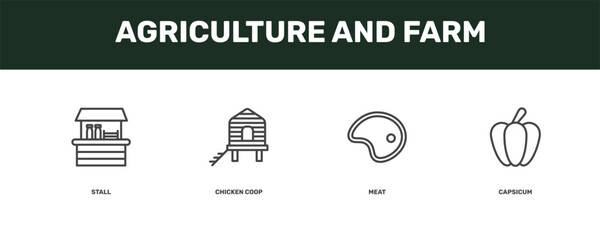 agriculture and farm icon set with stall, chicken coop, meat, capsicum signs in flat outline style © Abstract