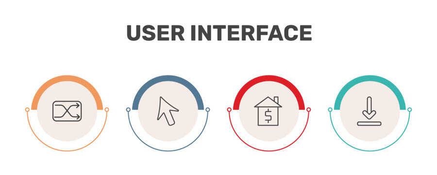 user interface icon set with crossover, mouse cursor, house value, download arrow signs in flat outline style