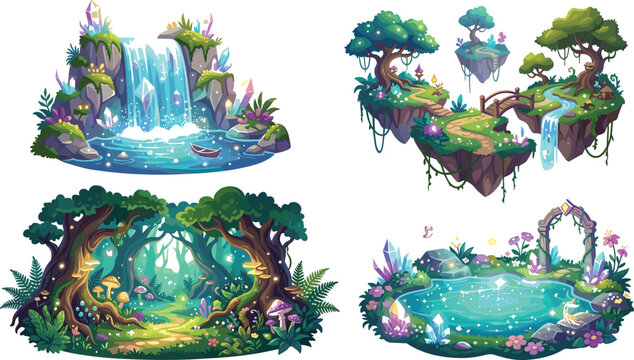 Fantasy game asset vector illustration collection featuring floating islands enchanted forest magical waterfall and glowing crystal pond for world building UI design