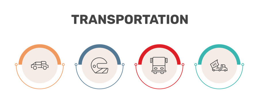 transportation icon set with midget car, motorsport, public transportation, heavy vehicle signs in flat outline style