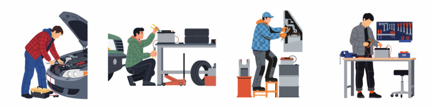 Flat vector illustrations of mechanics and technicians repairing car batteries, engines, and electrical systems in a garage or workshop setting.
