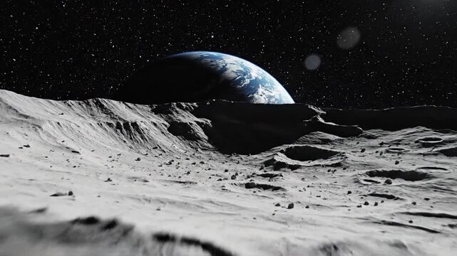 The Earth rises over the lunar surface with craters in space
