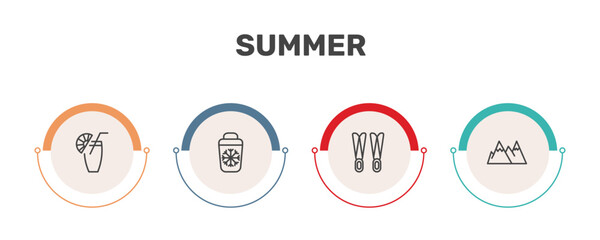 summer icon set with lime juice, portable fridge, flippers, mountains signs in flat outline style © Abstract