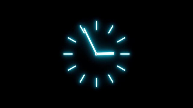 Neon clock in chaos, time flow and rewind concept, abstract glowing time movement