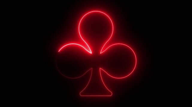Red neon club playing card suit symbol glowing on black background