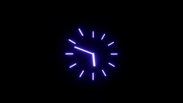 Neon clock in chaos, time flow and rewind concept, abstract glowing time movement