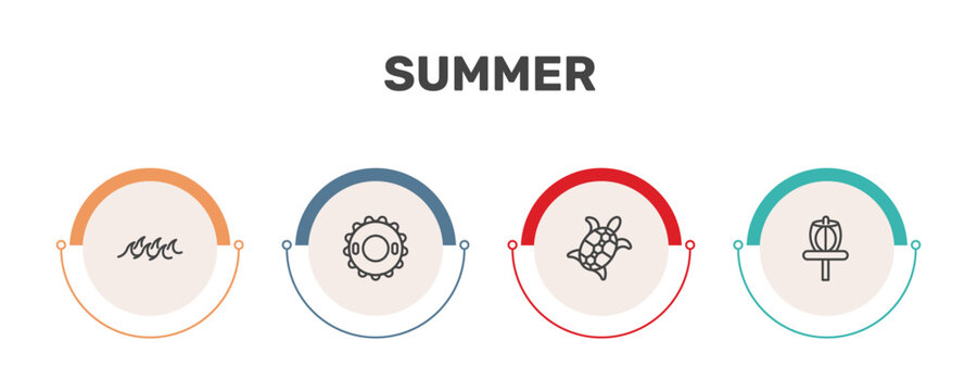 summer icon set with ocean, rubber ring, sea turtle, disc golf signs in flat outline style